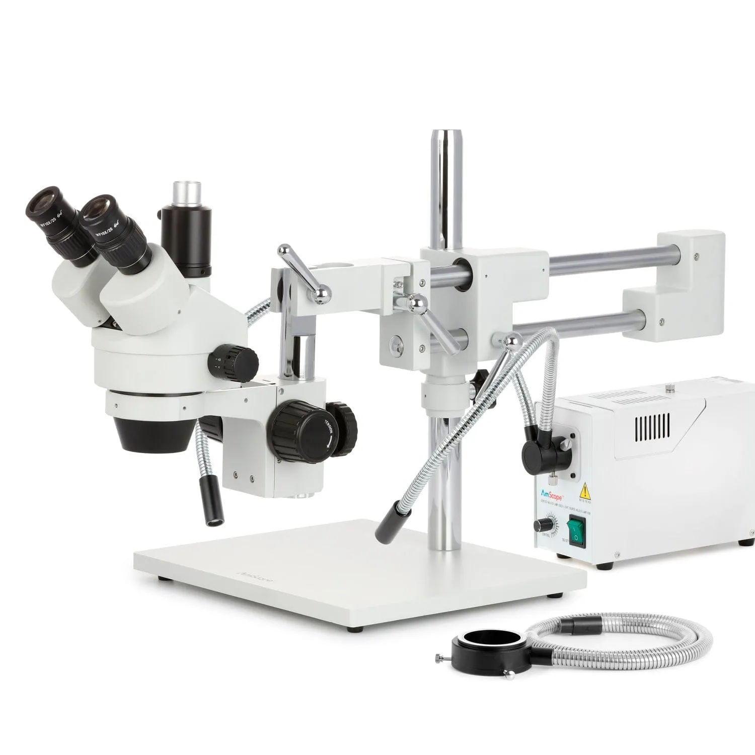 AmScope SM-4 Series Simul-Focal Zoom Trinocular Stereo Microscope with 150W Halogen Dual Gooseneck & Ring Lights and Auto Focus Camera on Double Arm Boom Stand