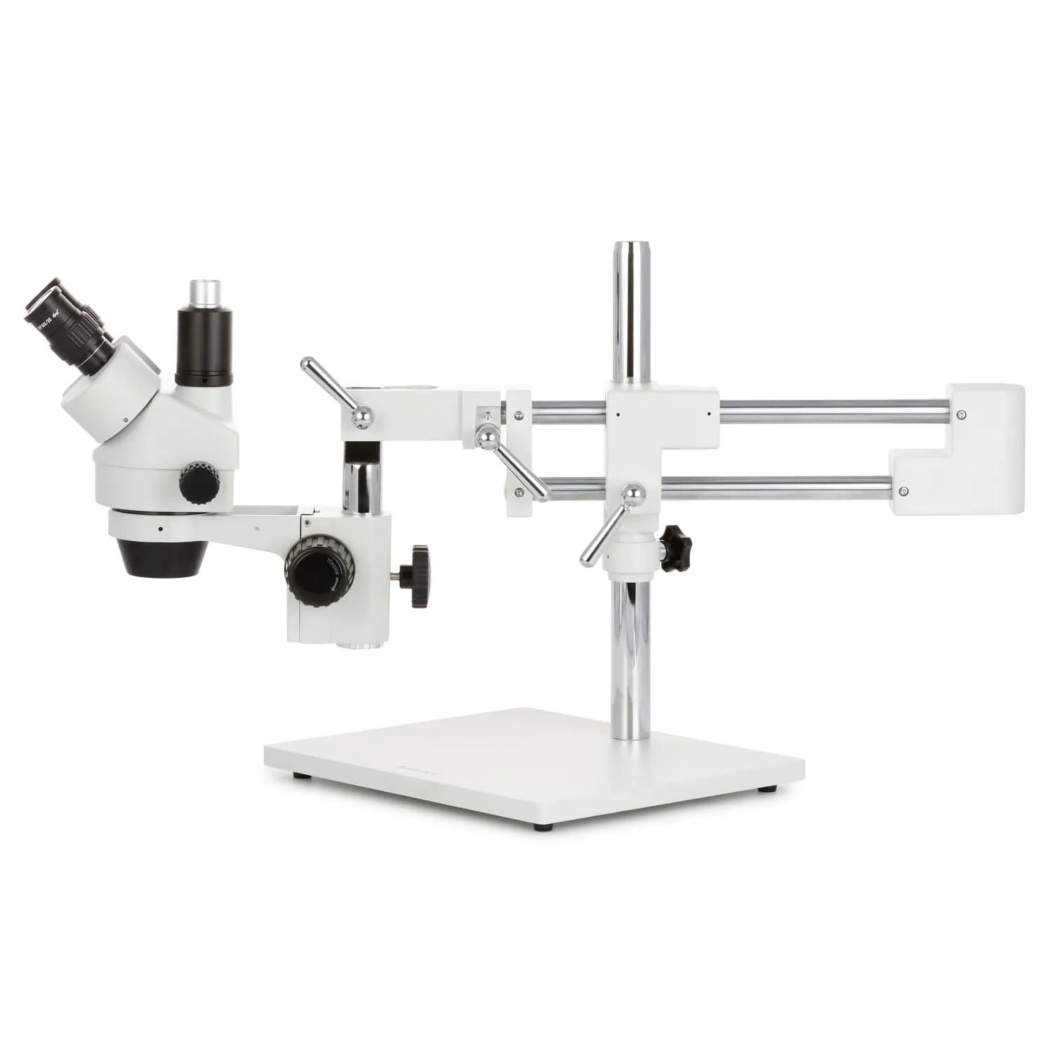 AmScope SM-4 Series Simul-Focal Zoom Trinocular Stereo Microscope with 150W Halogen Dual Gooseneck & Ring Lights and Auto Focus Camera on Double Arm Boom Stand