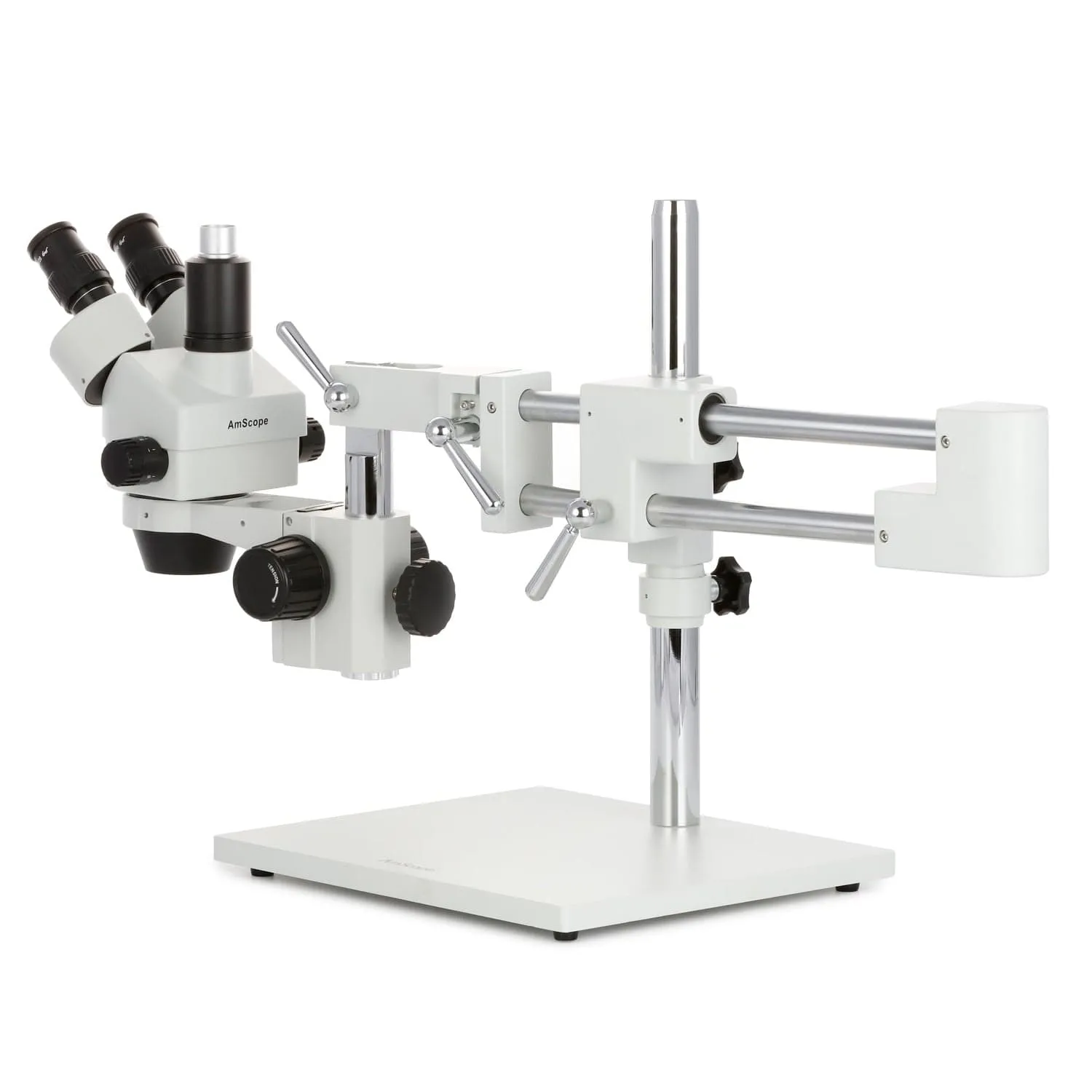 AmScope SM-4 Series Simul-Focal Zoom Trinocular Stereo Microscope with 150W Halogen Dual Gooseneck & Ring Lights and Auto Focus Camera on Double Arm Boom Stand