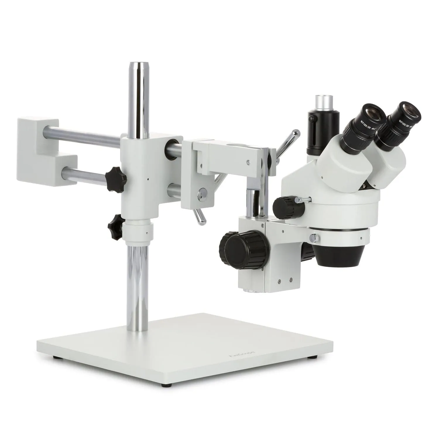 AmScope SM-4 Series Zoom Trinocular Stereo Microscope with 144 LED Ring Light and HDMI Camera on Double Arm Boom Stand