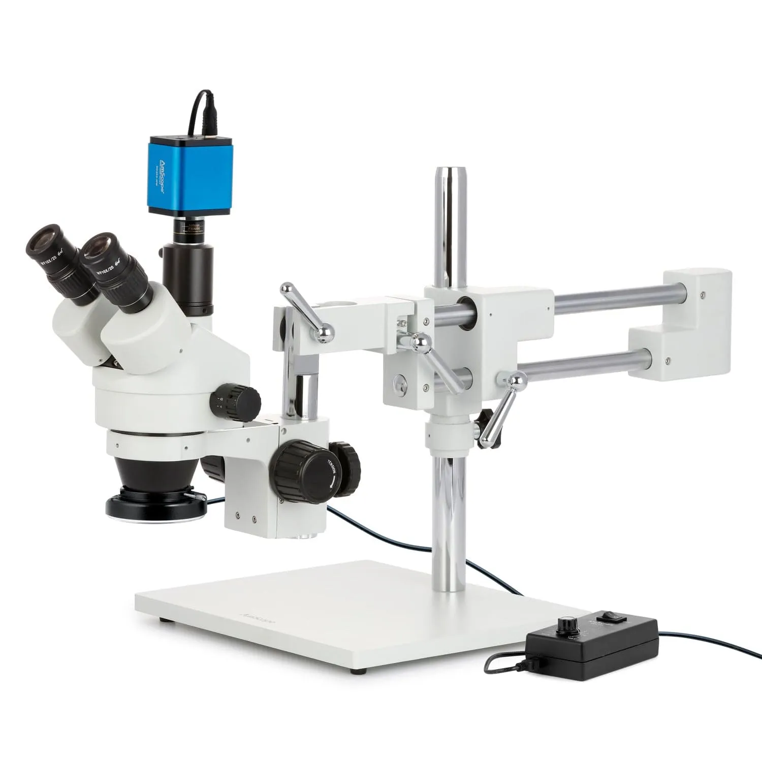 AmScope SM-4 Series Zoom Trinocular Stereo Microscope with 144 LED Ring Light and HDMI Camera on Double Arm Boom Stand