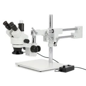 AmScope SM-4 Series Zoom Trinocular Stereo Microscope with 144 LED Ring Light and HDMI Camera on Double Arm Boom Stand