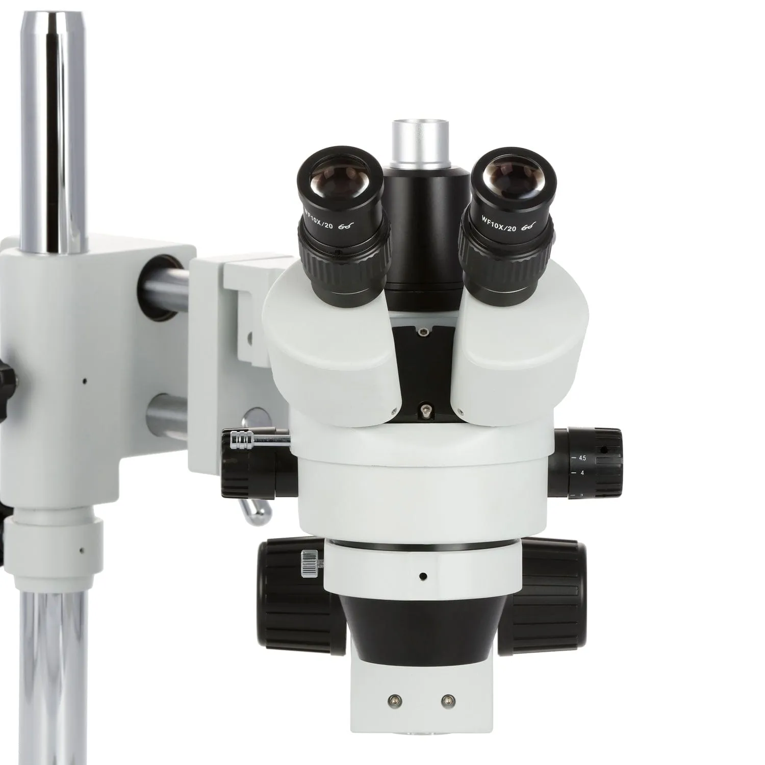 AmScope SM-4 Series Zoom Trinocular Stereo Microscope with 144 LED Ring Light and HDMI Camera on Double Arm Boom Stand