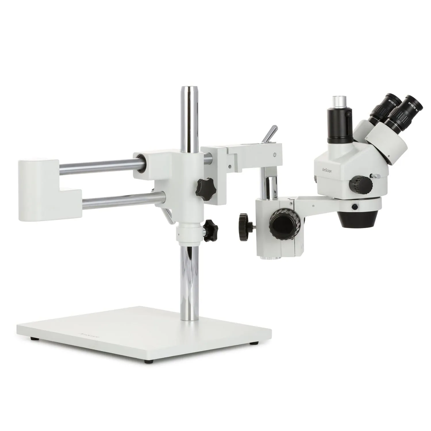 AmScope SM-4 Series Zoom Trinocular Stereo Microscope with 144 LED Ring Light and HDMI Camera on Double Arm Boom Stand