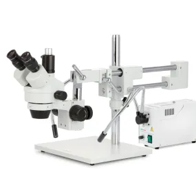 AmScope SM-4 Series Zoom Trinocular Stereo Microscope with 150W Halogen Dual Fiber Gooseneck Lights and Auto Focus Camera on Double Arm Boom Stand