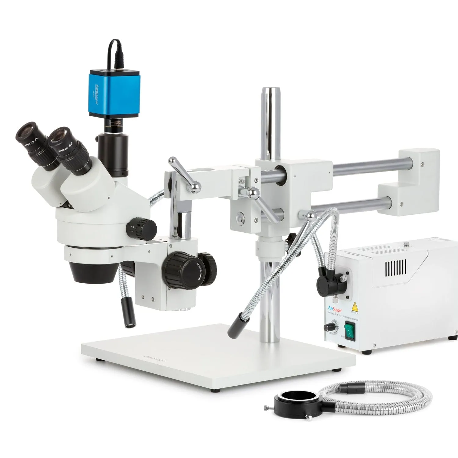 AmScope SM-4 Series Zoom Trinocular Stereo Microscope with 150W Halogen Dual Gooseneck & Ring Lights and Auto Focus Camera on Double Arm Boom Stand