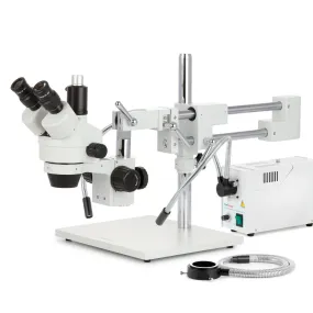 AmScope SM-4 Series Zoom Trinocular Stereo Microscope with 150W Halogen Dual Gooseneck & Ring Lights and HDMI Camera on Double Arm Boom Stand