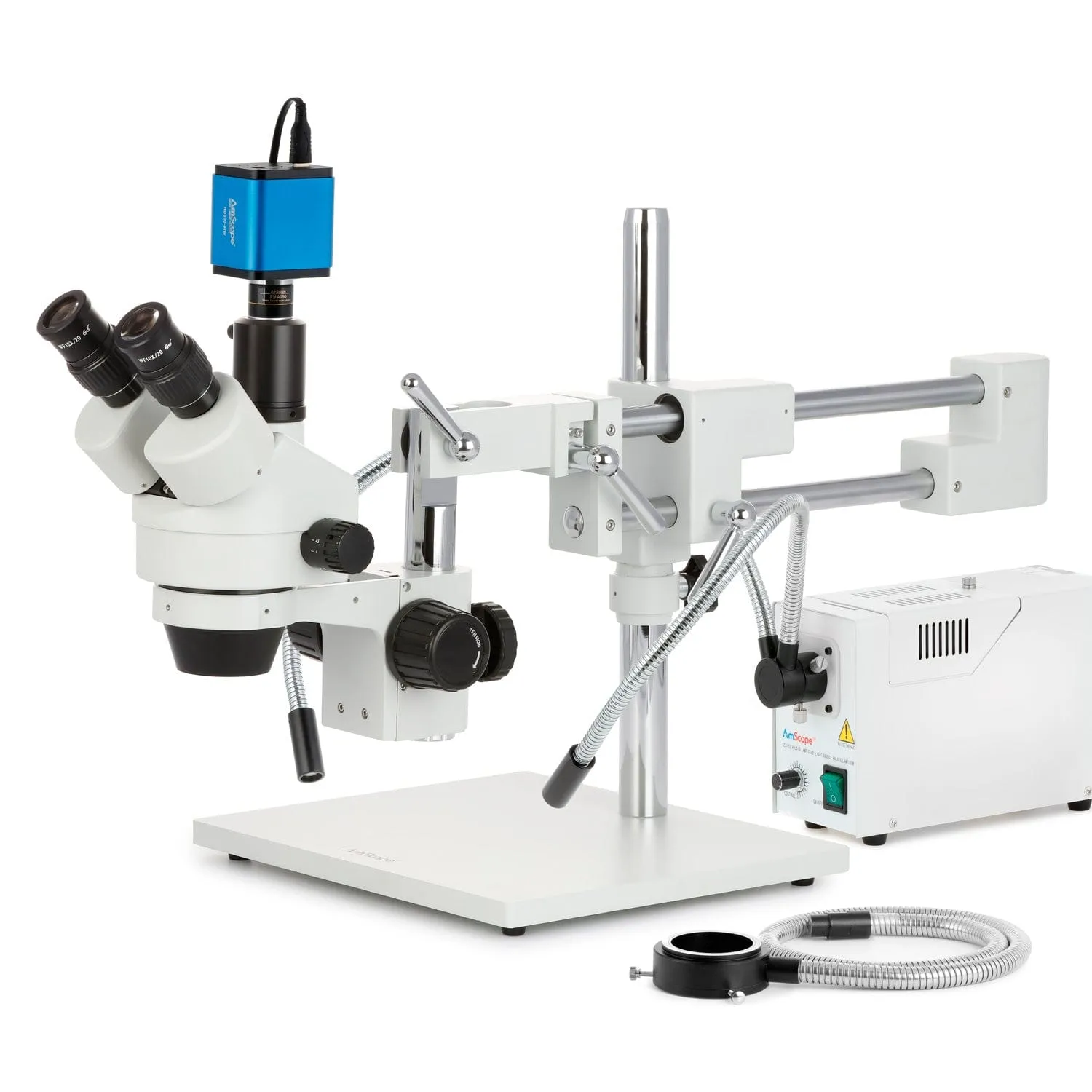 AmScope SM-4 Series Zoom Trinocular Stereo Microscope with 150W Halogen Dual Gooseneck & Ring Lights and HDMI Camera on Double Arm Boom Stand