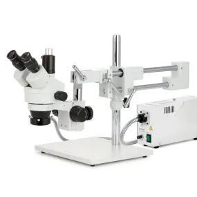 AmScope SM-4 Series Zoom Trinocular Stereo Microscope with 150W Halogen Ring Light and HDMI Camera on Double Arm Boom Stand