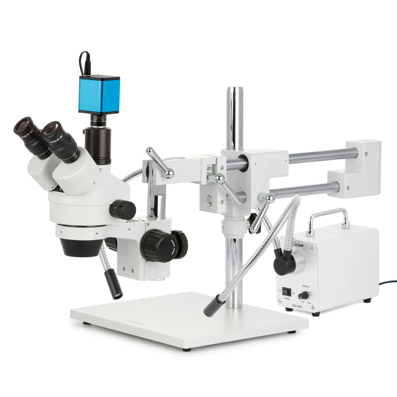 AmScope SM-4 Series Zoom Trinocular Stereo Microscope with 30W LED Dual Gooseneck Fiber Optic Lights and Auto Focus Camera on Double Arm Boom Stand