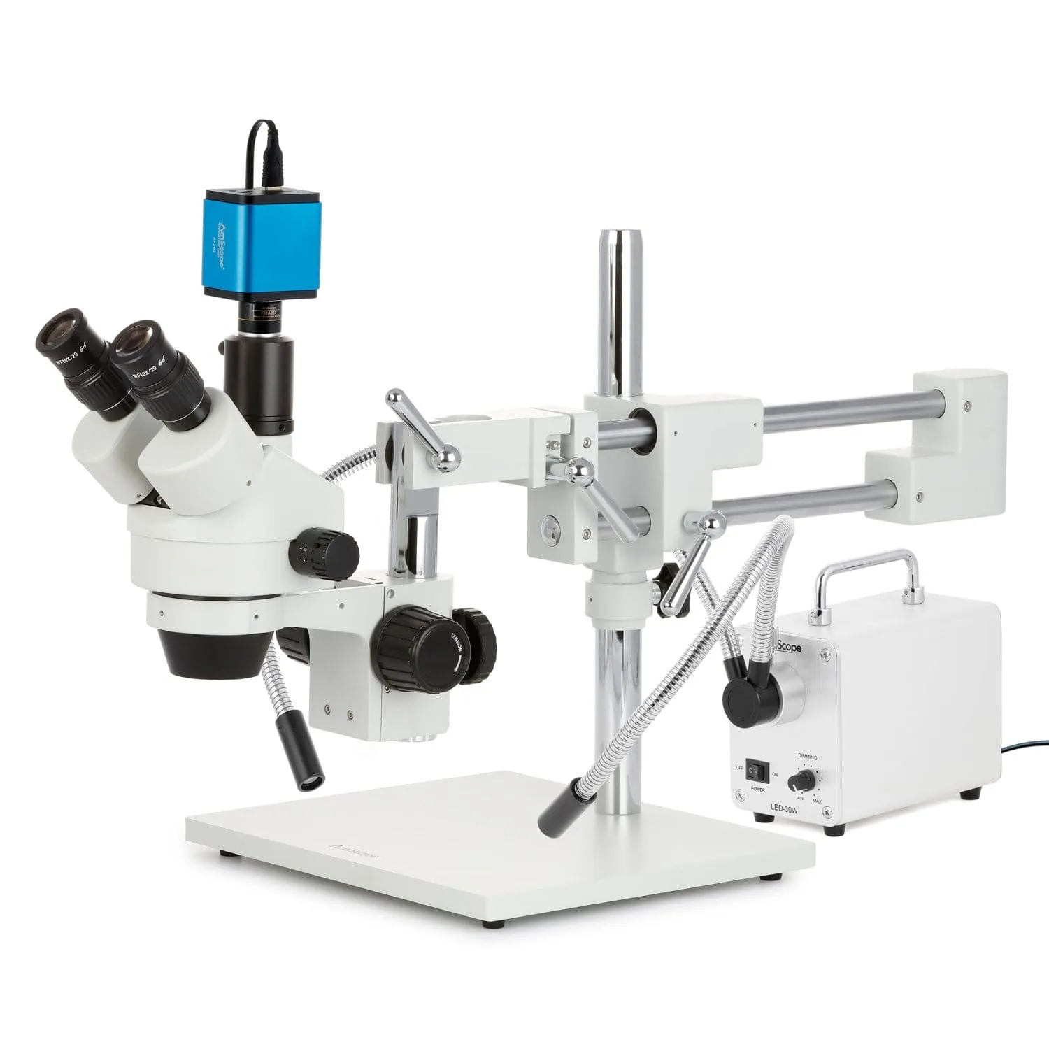 AmScope SM-4 Series Zoom Trinocular Stereo Microscope with 30W LED Dual Gooseneck Fiber Optic Lights and Auto Focus Camera on Double Arm Boom Stand