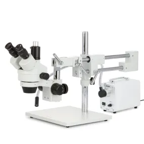 AmScope SM-4 Series Zoom Trinocular Stereo Microscope with 30W LED Single Fiber Optic Gooseneck Light and HDMI Camera on Double Arm Boom Stand