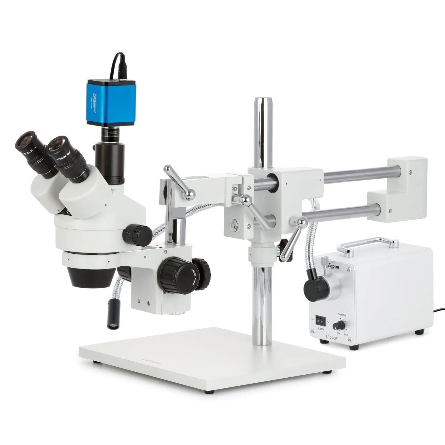 AmScope SM-4 Series Zoom Trinocular Stereo Microscope with 30W LED Single Fiber Optic Gooseneck Light and HDMI Camera on Double Arm Boom Stand