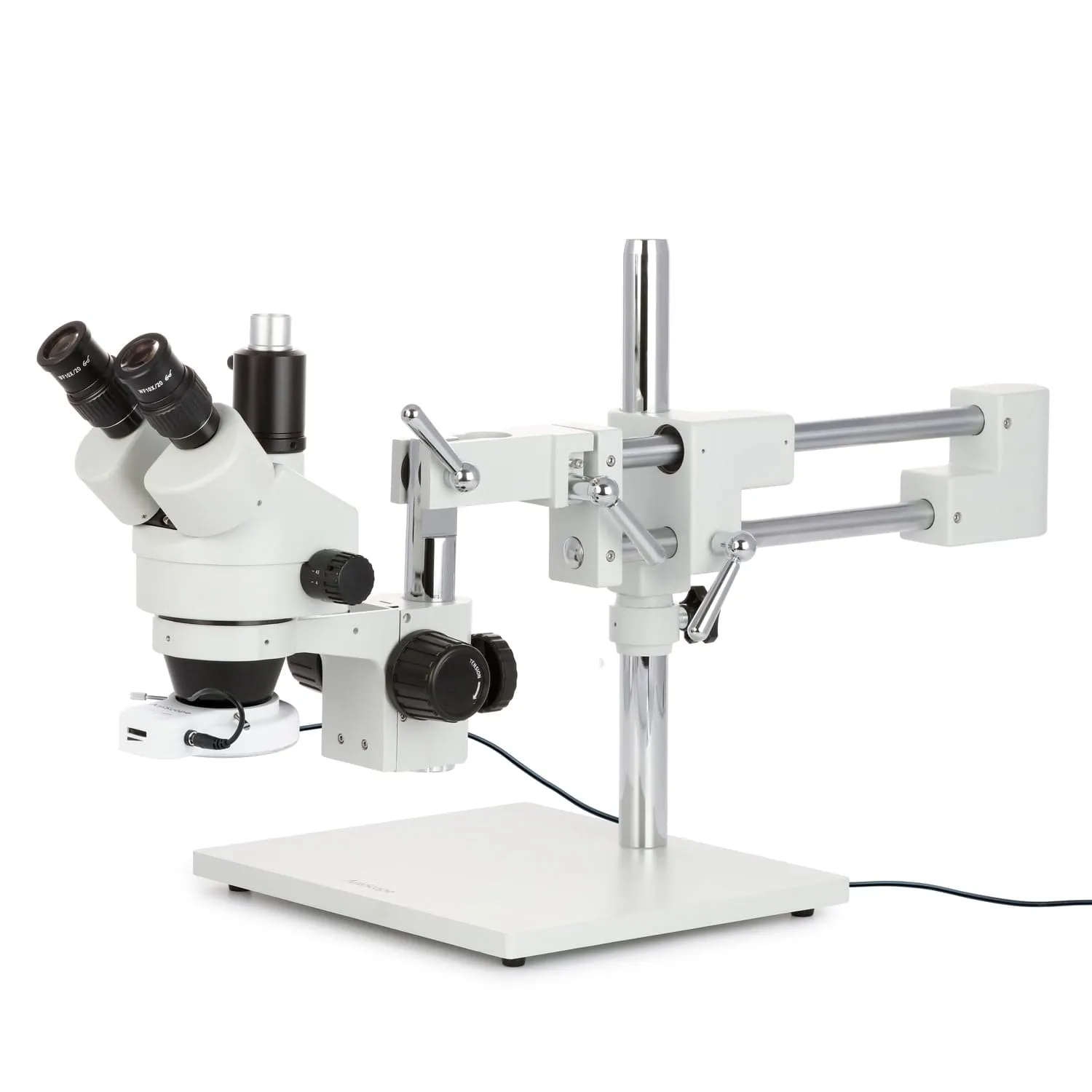 AmScope SM-4 Series Zoom Trinocular Stereo Microscope with 64 LED Compact Ring Light and HDMI Camera on Double Arm Boom Stand