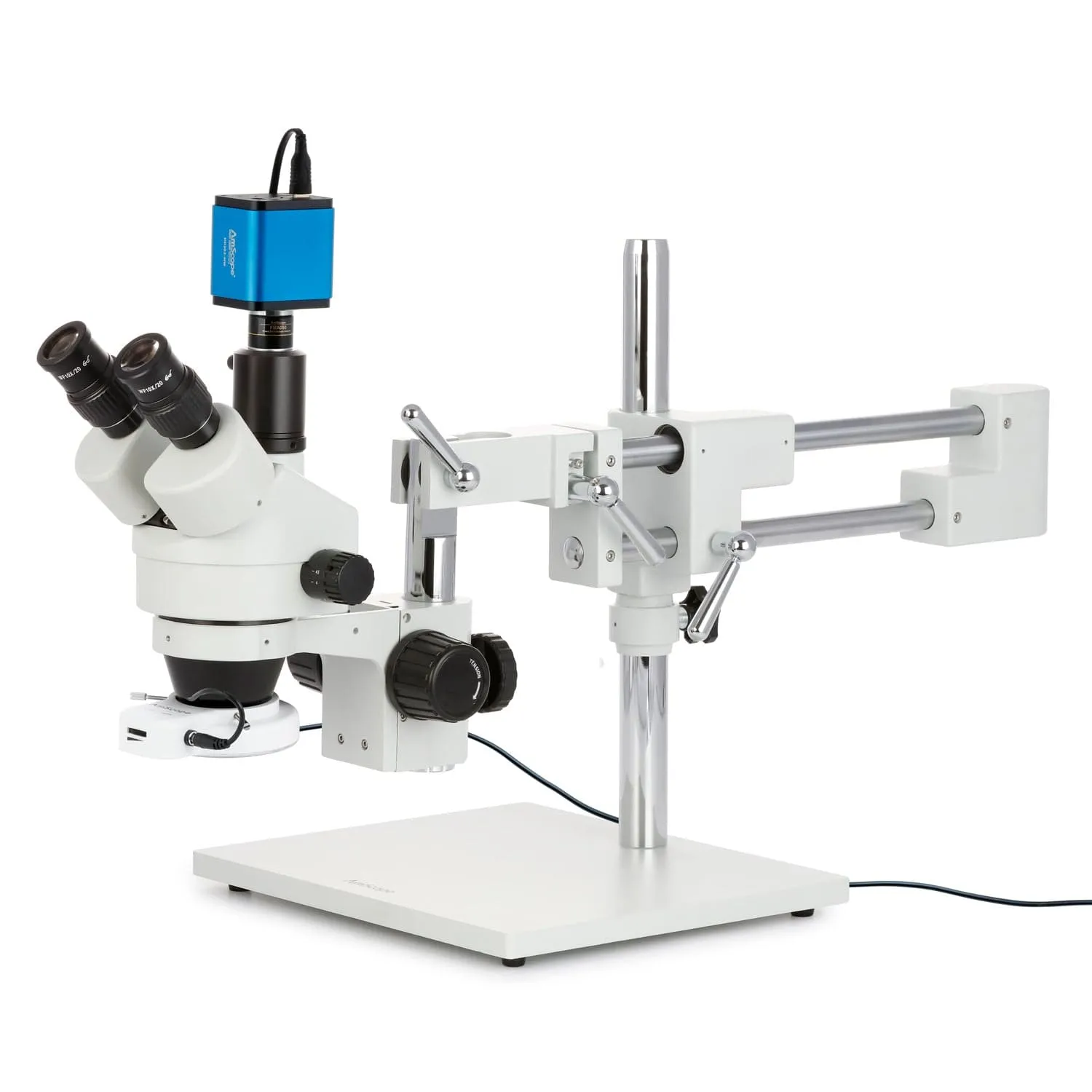 AmScope SM-4 Series Zoom Trinocular Stereo Microscope with 64 LED Compact Ring Light and HDMI Camera on Double Arm Boom Stand