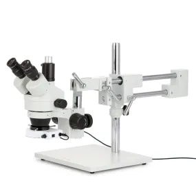 AmScope SM-4 Series Zoom Trinocular Stereo Microscope with 80 LED Compact Ring Light and Auto Focus Camera on Double Arm Boom Stand