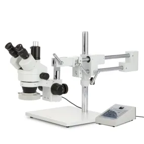 AmScope SM-4 Series Zoom Trinocular Stereo Microscope with 80 LED Direction Variable Ring Light and HDMI Camera on Double Arm Boom Stand