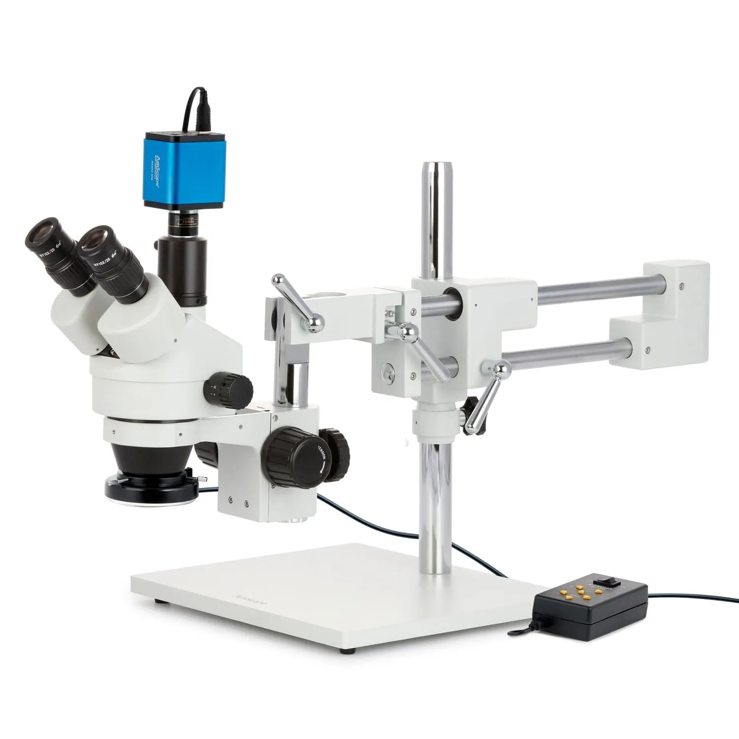 AmScope SM-4 Series Zoom Trinocular Stereo Microscope with Multi-Zone 144 LED and HDMI Camera on Double Arm Boom Stand