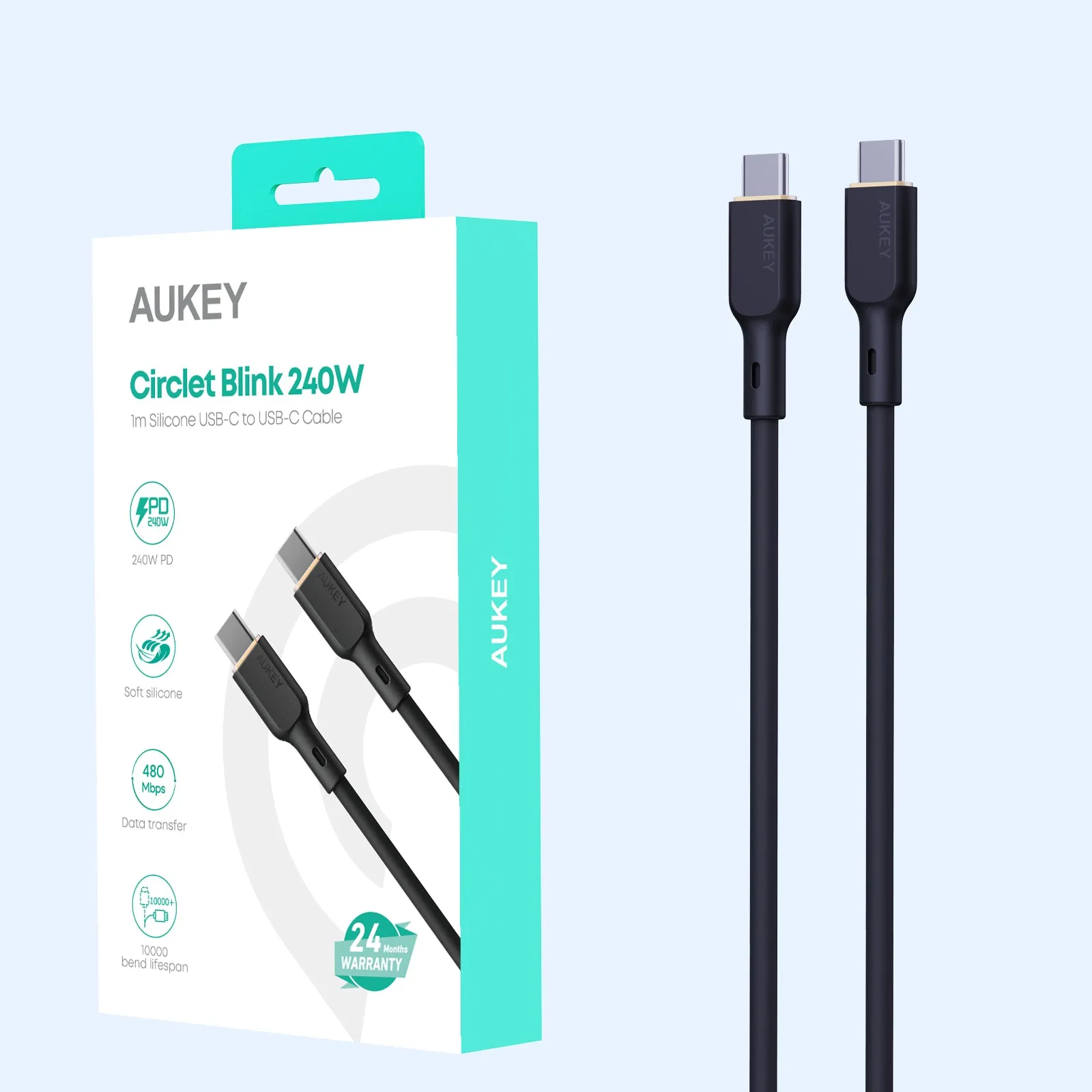 Aukey CB-SCC241/CB-SCC242 Circlet Blink 240W Silicone USB-C to USB-C Cable 1m/1.8m - Black