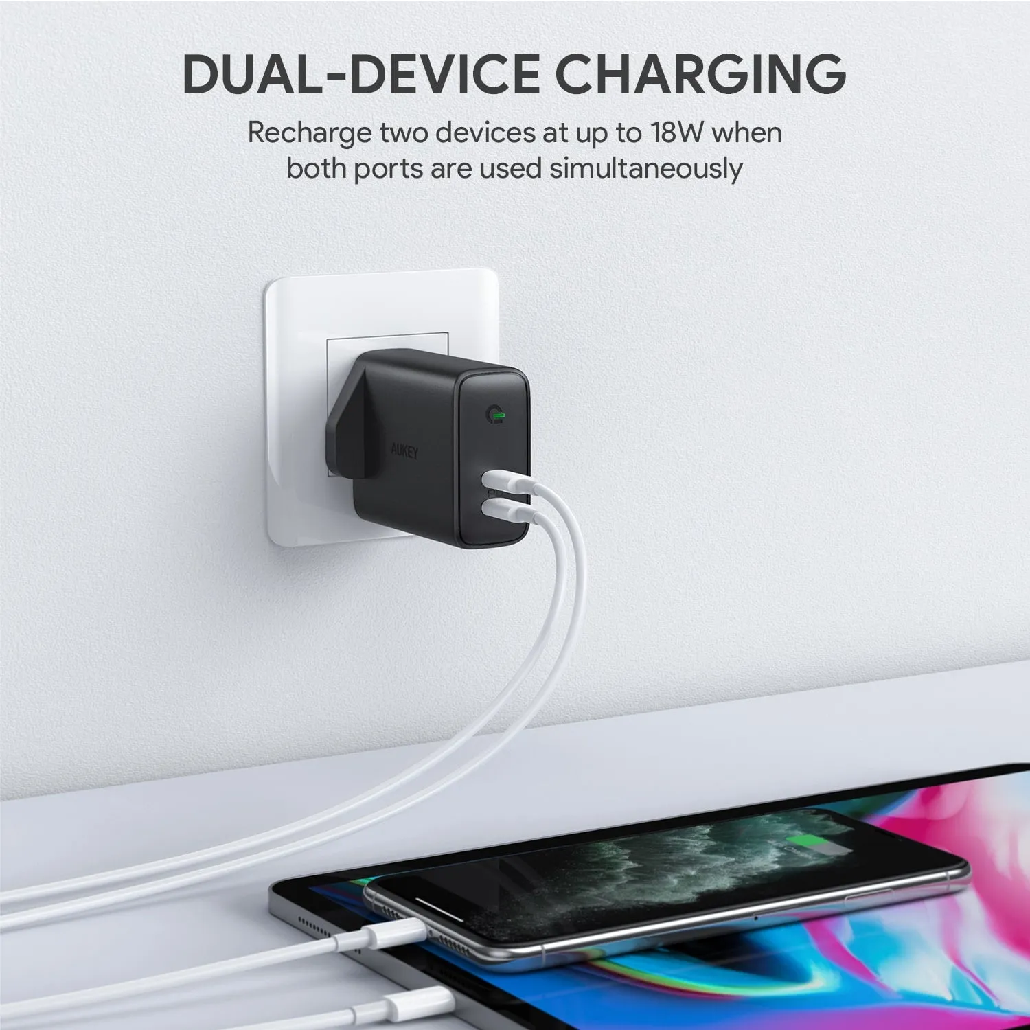 AUKEY Dual-Port Wall Charger with Dynamic Detect - 36W / USB-C / Black