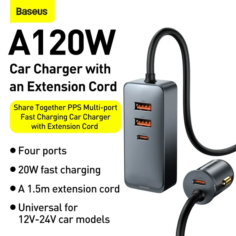 Baseus Car Charger - 2 x USb / 2 x Type-C - 120W / Gray