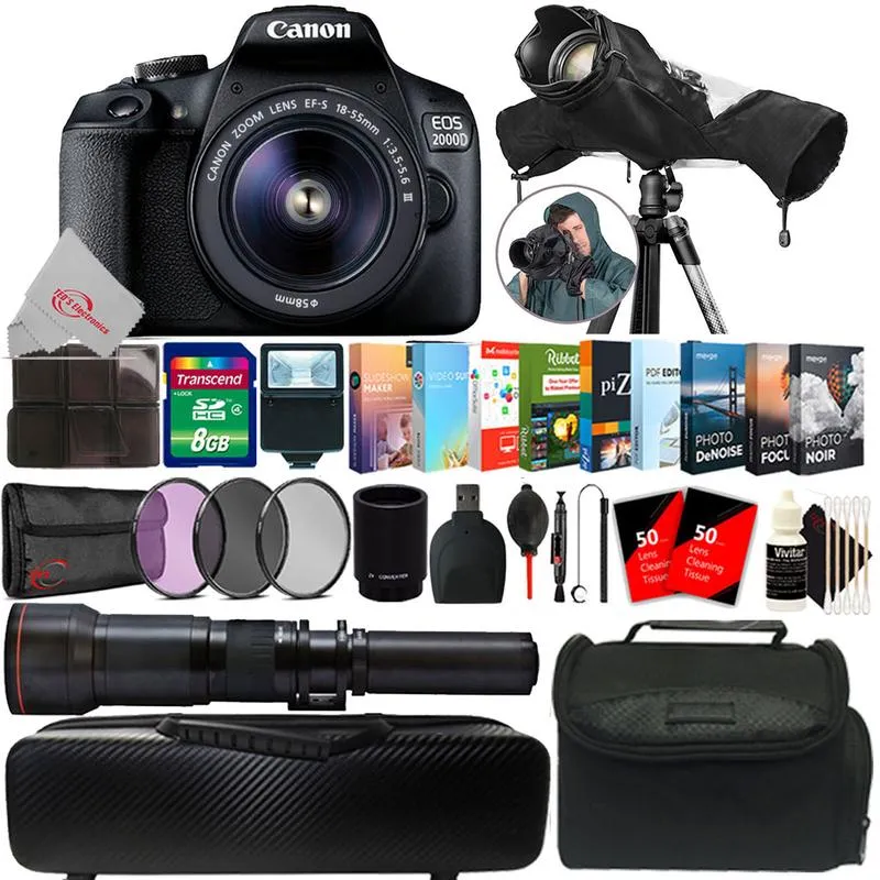 Canon EOS 2000D 24.1MP DSLR Camera   18-55mm   650-1300mm Lens   2x Converter   T-Mount   Filter Kit   8GB Memory Card   Card Holder   Reader   Lens Pen   Dust Blower   Editing Software Bundle   Camera & Lens Case   100 Lens Tissue   Raincover   3pc Clean