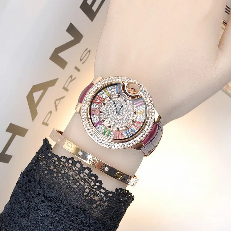 Colorful Roman Numerals Leather Strap Women's Watch