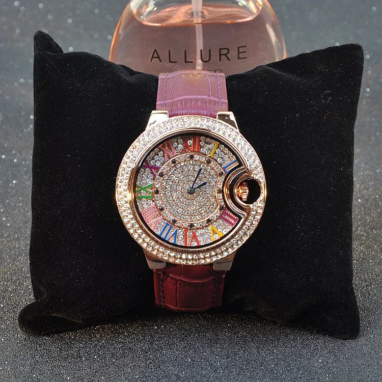 Colorful Roman Numerals Leather Strap Women's Watch