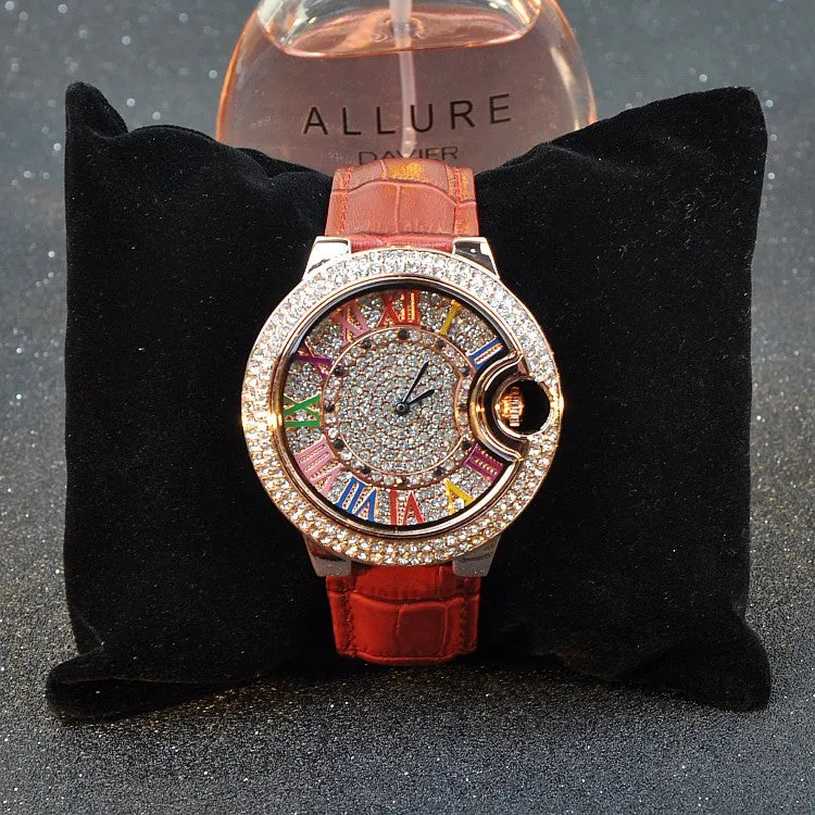 Colorful Roman Numerals Leather Strap Women's Watch