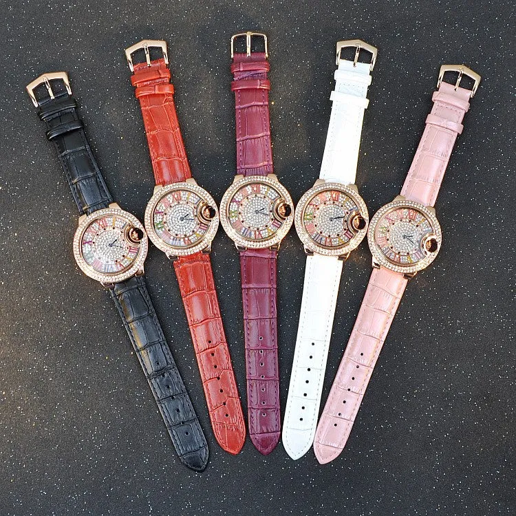 Colorful Roman Numerals Leather Strap Women's Watch