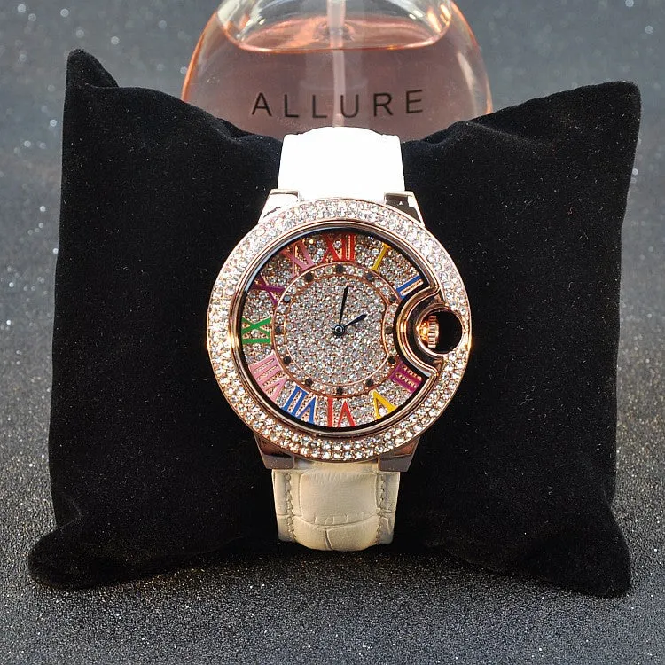 Colorful Roman Numerals Leather Strap Women's Watch