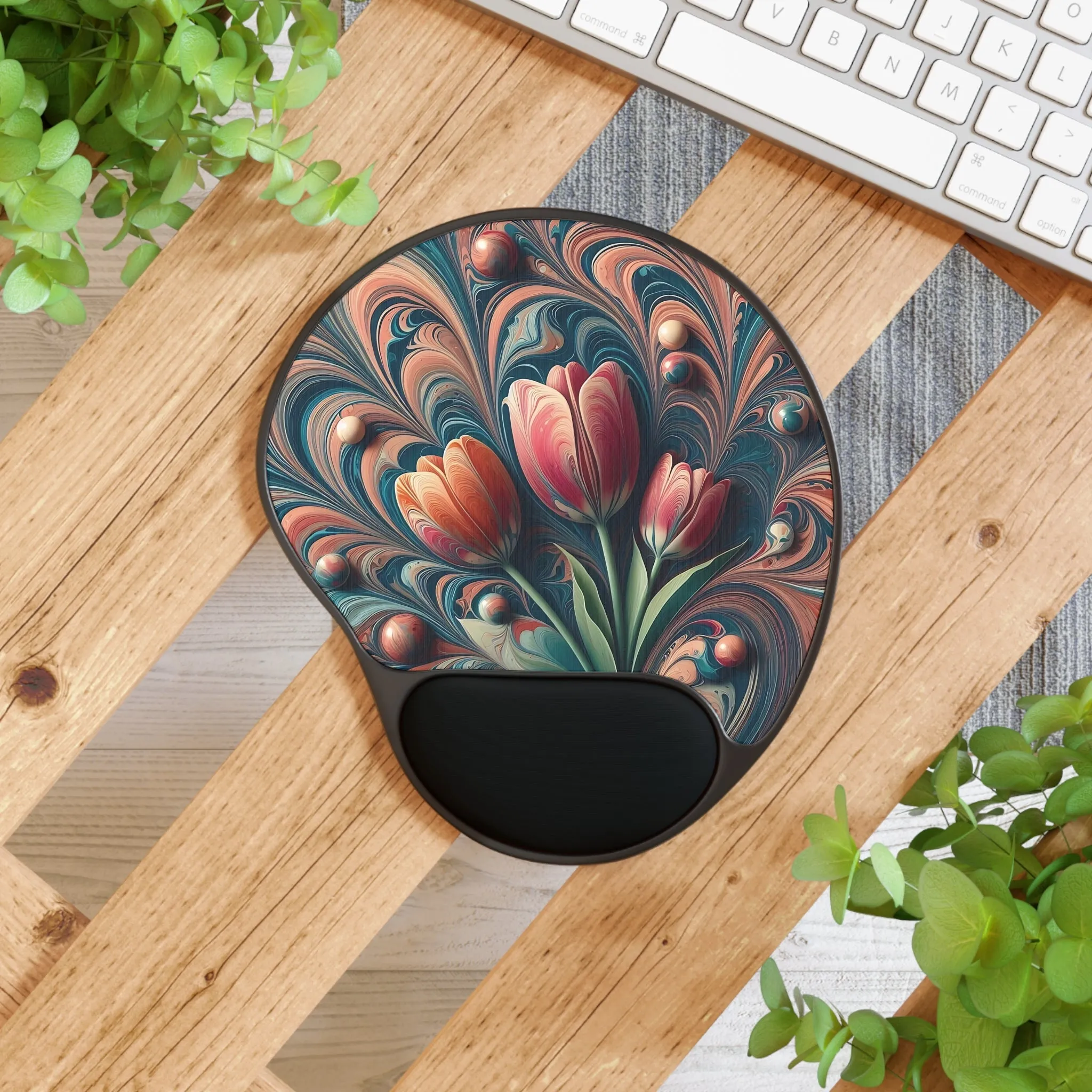 Colourful tulip patterned marbling art Mouse Pad With Wrist Rest