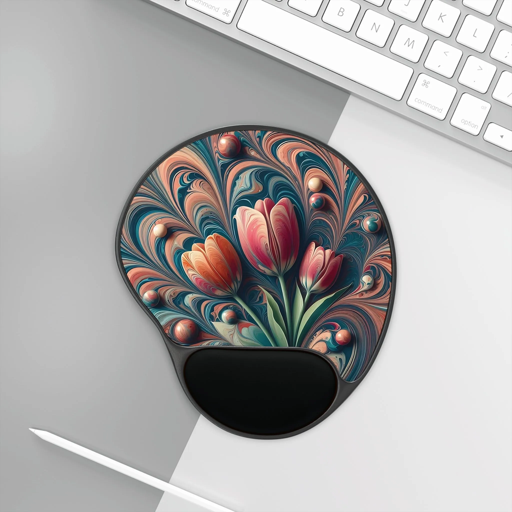 Colourful tulip patterned marbling art Mouse Pad With Wrist Rest