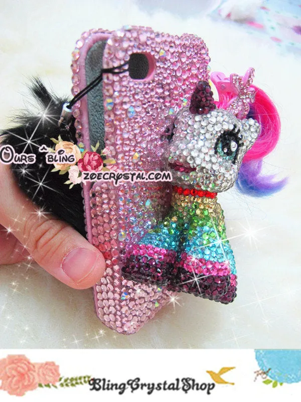 Czech/ Swarovski My Little Pony or UNICORN BLING Crystal 3D Cell Phone Flip Case - Double sides