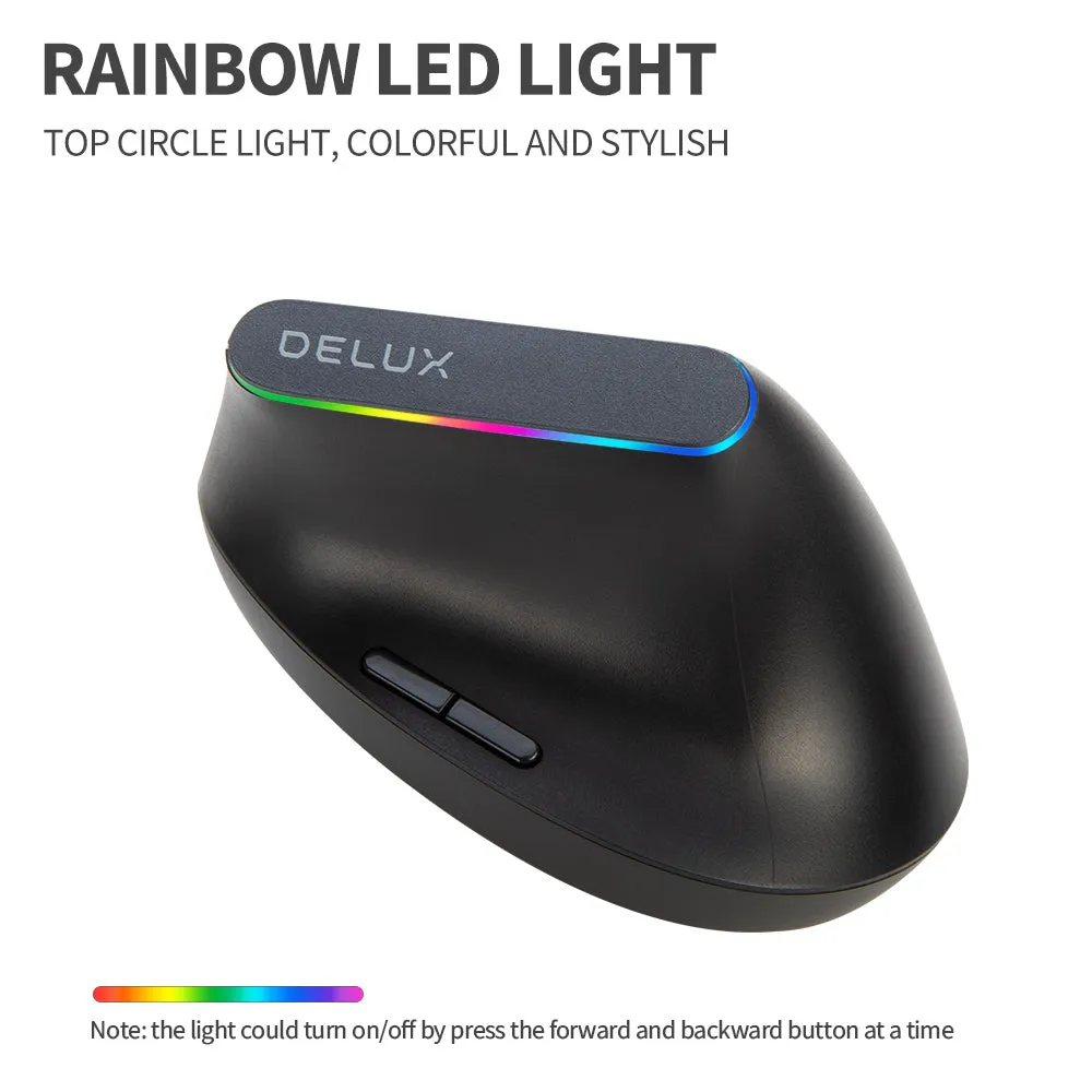 Delux M618C Wireless Optical Ergonomic Vertical Mouse RGB with Silent Click, 1600 DPI, 6 Buttons for Windows and macOS (Black, White)