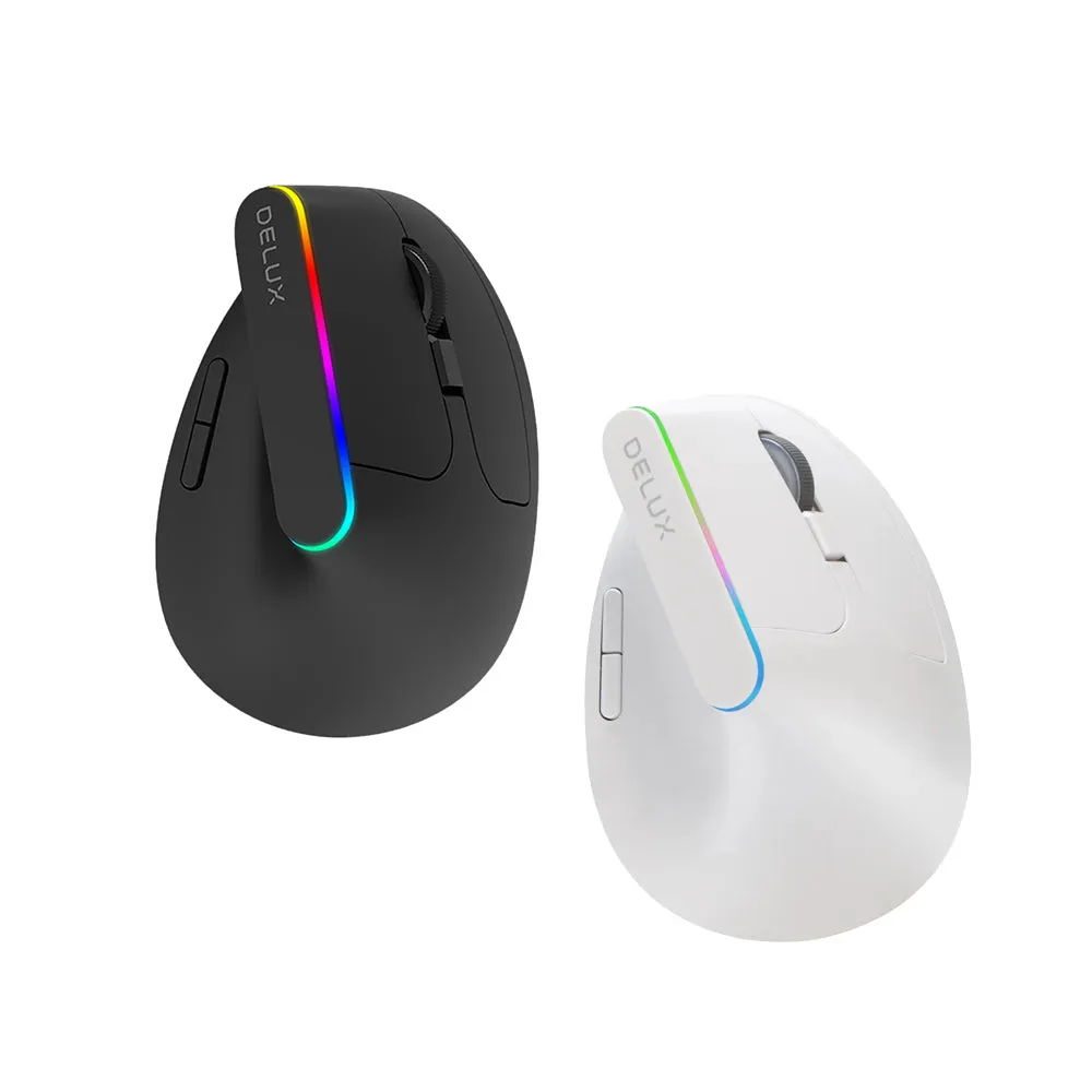 Delux M618C Wireless Optical Ergonomic Vertical Mouse RGB with Silent Click, 1600 DPI, 6 Buttons for Windows and macOS (Black, White)