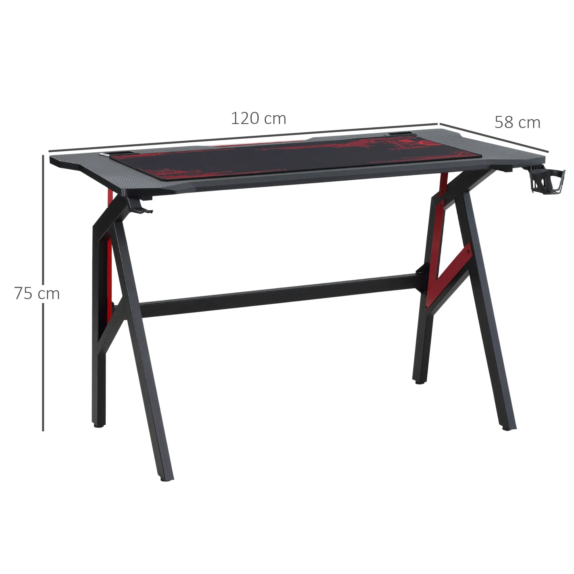 Easycomfort Scrivania Gaming Moderna con Tappetino Mouse Maxi e Accessori, 120x58x75cm - Rosso e Nero