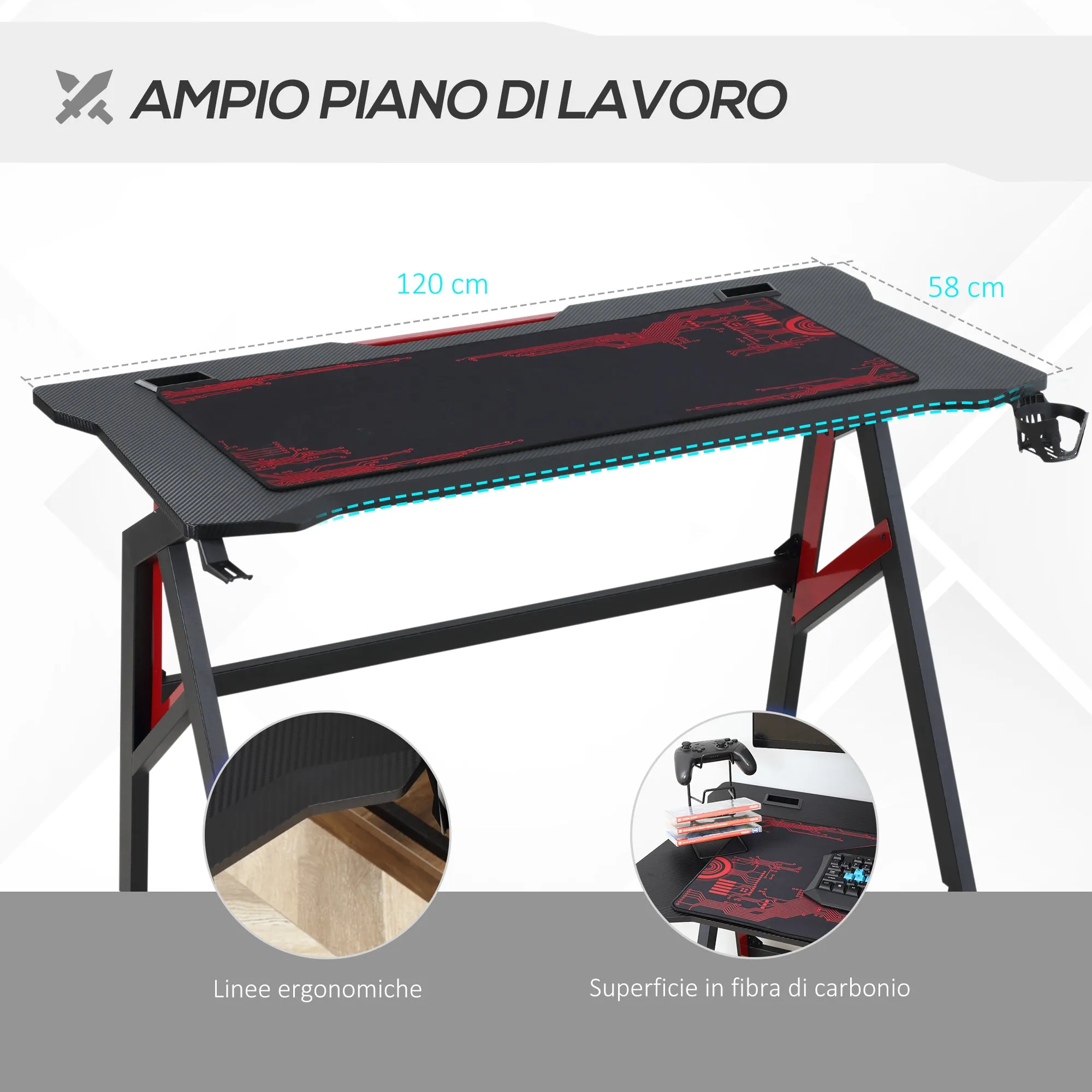 Easycomfort Scrivania Gaming Moderna con Tappetino Mouse Maxi e Accessori, 120x58x75cm - Rosso e Nero