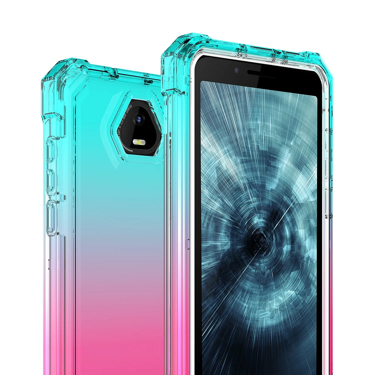 For Boost Schok Volt SV55 Case with Temper Glass Screen Protector Full-Body Rugged Protection - Teal/Pink