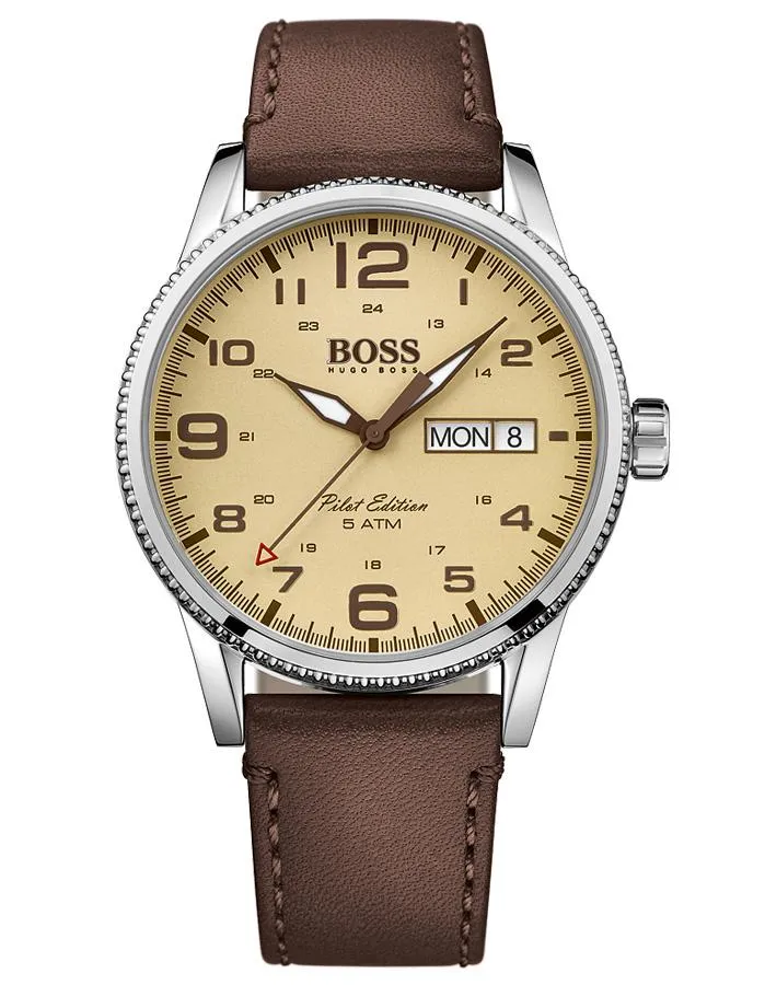 Hugo Boss Pilot Edition Mens Watch - Leather Strap - Beige Dial - Day/Date - 50m