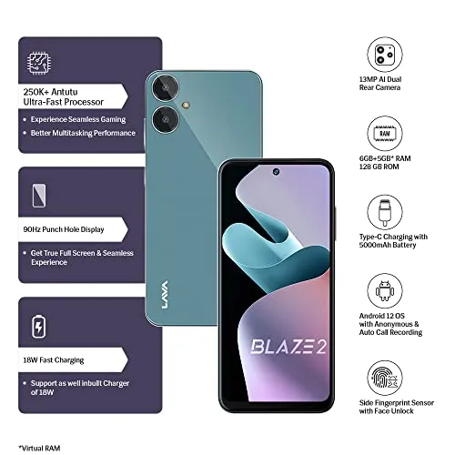 Lava Blaze 2 (6GB RAM, 128GB Storage) - Glass Blue | 18W Fast Charging | 6.5 inch 90Hz Punch Hole Display | Side Fingerprint Sensor | Upto 11GB Expandable RAM | 5000 mAh Battery