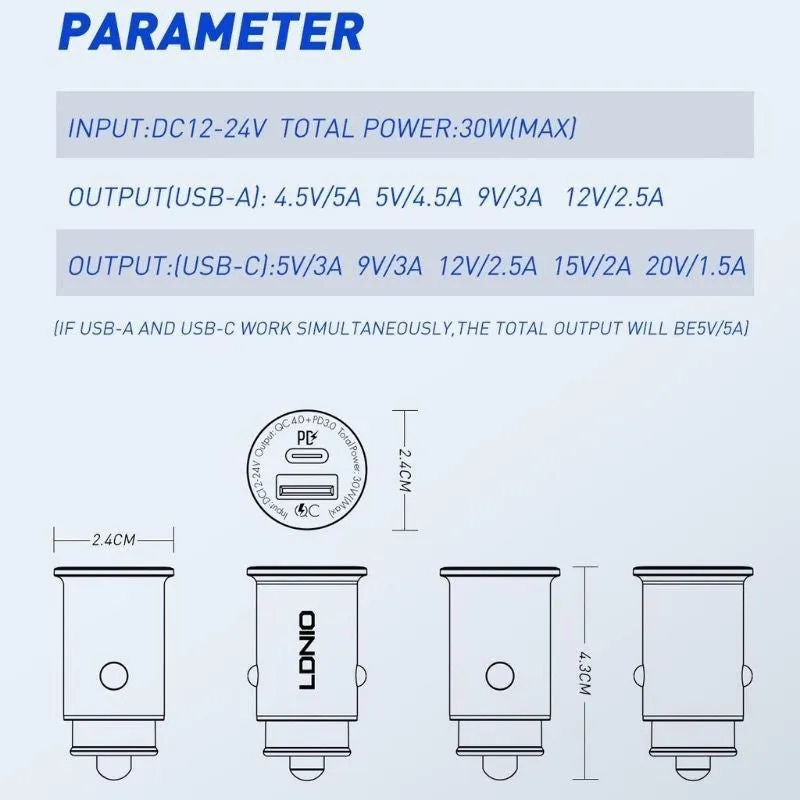 LDNIO C506Q | 30W PD Car Charger | Dual Ports (Type-C & USB)