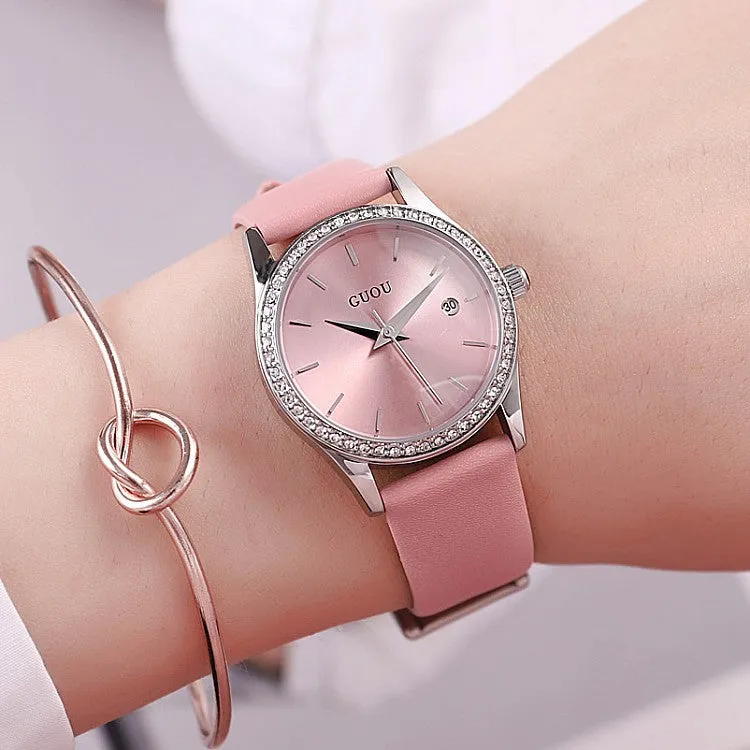 Leather Strap With Calendar Women's Watch