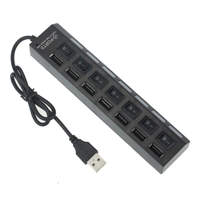 LED Backlight 7 Port Built-in USB 2.0 Adapter Hub