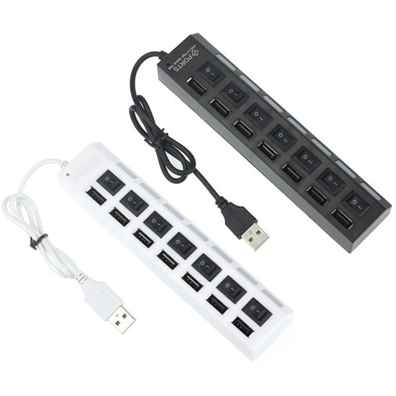 LED Backlight 7 Port Built-in USB 2.0 Adapter Hub