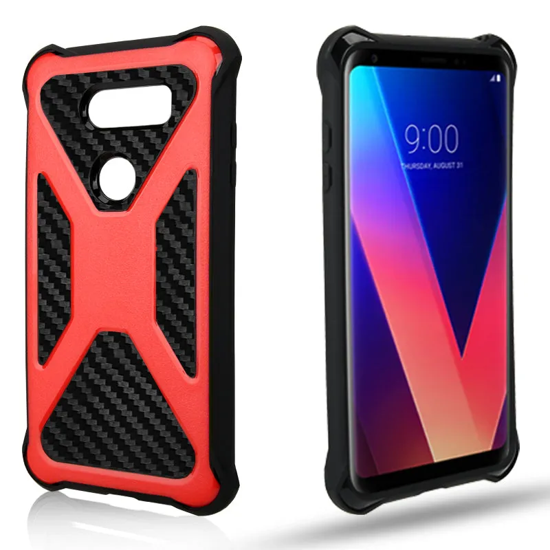 LG V30 Case, LG V30 Plus, Rugged Slim Rotating Holster Swivel Lock Carbon Fiber Combo Clip Case Cover - Red