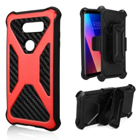 LG V30 Case, LG V30 Plus, Rugged Slim Rotating Holster Swivel Lock Carbon Fiber Combo Clip Case Cover - Red