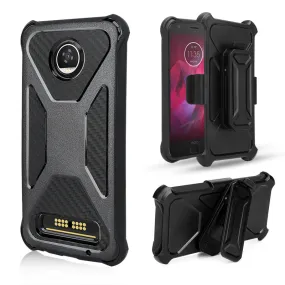 Motorola Moto Z2 Play Case, Rugged Slim Rotating Swivel Lock Carbon Fiber Combo Case for Moto Z2 Play - Black