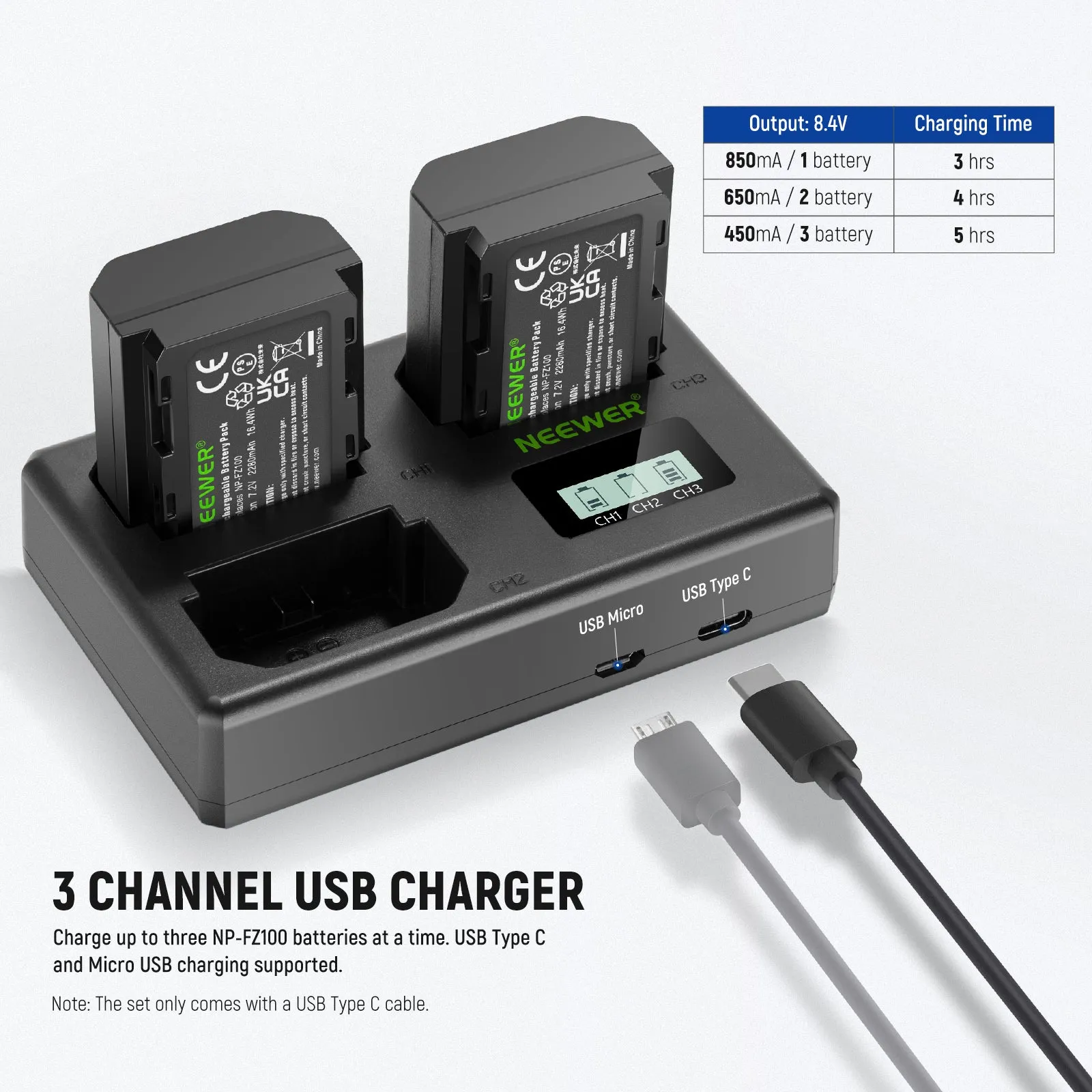 NEEWER 3 Pack NP-FZ100 Sony Replacement Battery and Charger Set