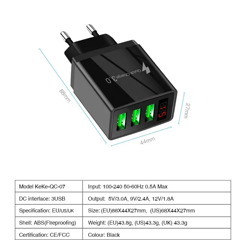 PBG 3 Port Wall Charger with LED Voltage Display Charge 3 Devices at once!